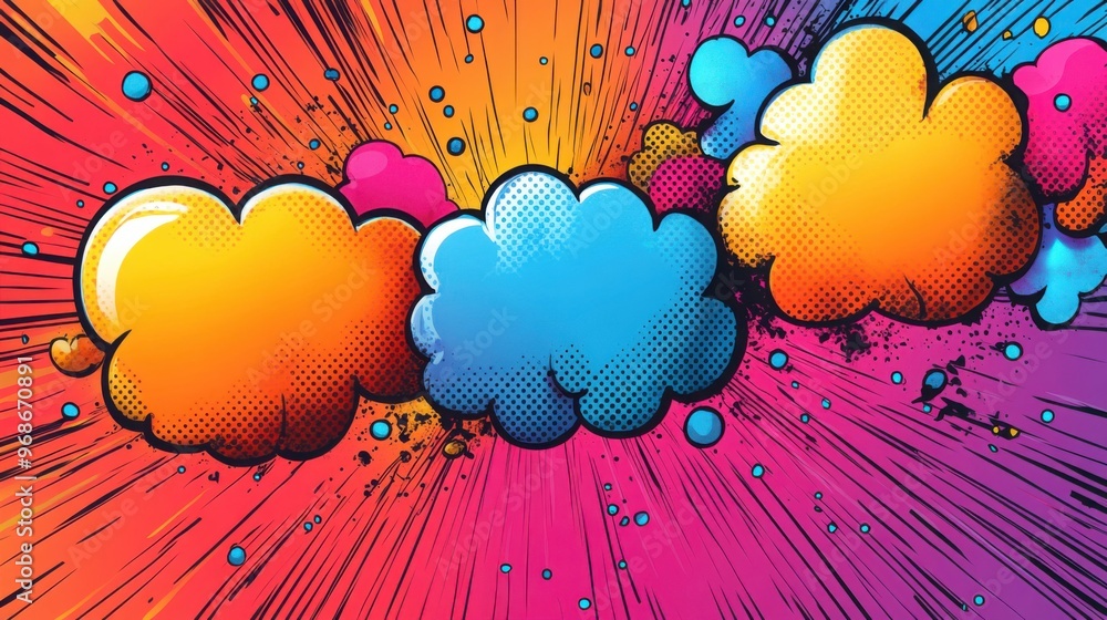Poster vibrant comic book style clouds pattern with colorful bursts and dynamic pop art elements creating a
