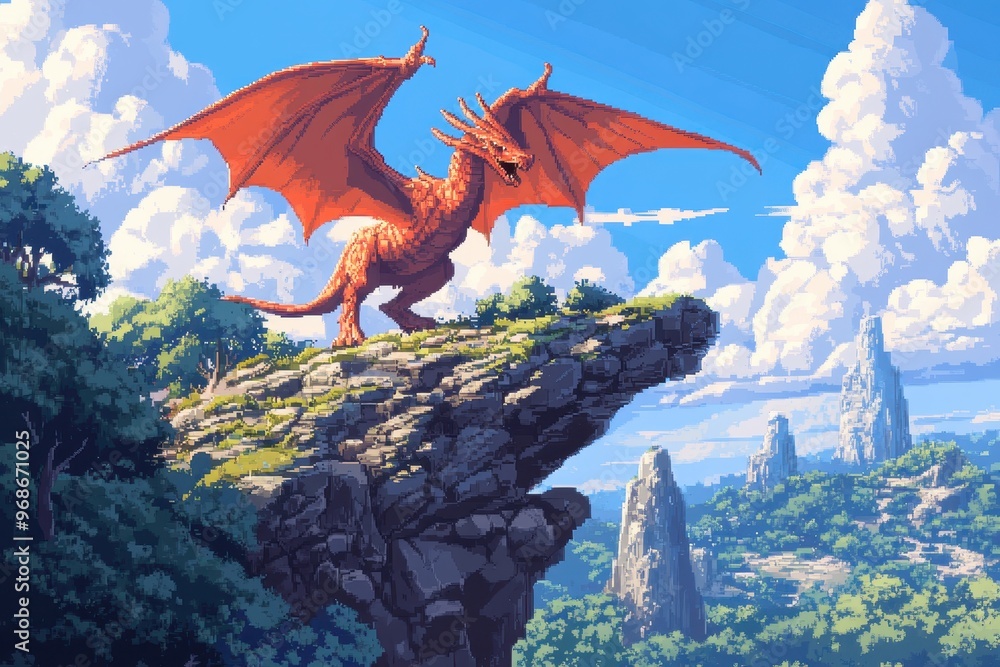 Aufkleber retro pixelated adventure: 16-bit dragon soaring above rpg landscape in classic game setting