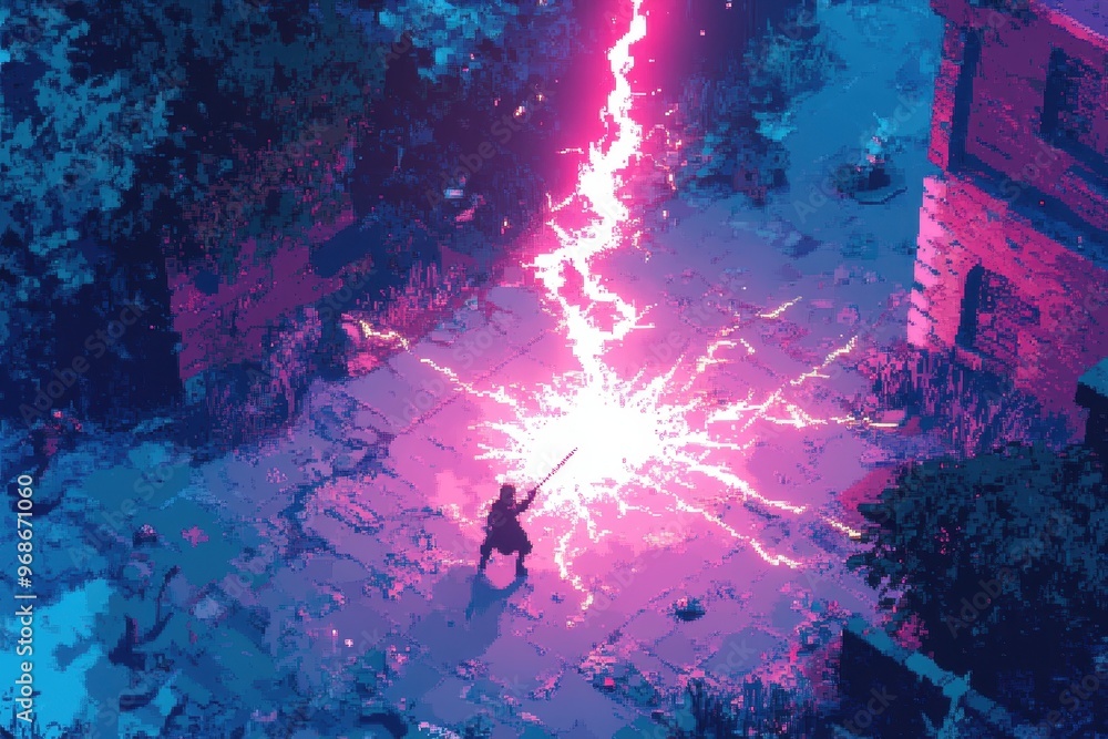 Poster digital sorcerer's thunder strike - retro pixel art wizard summoning lightning bolt in 8-bit rpg bat