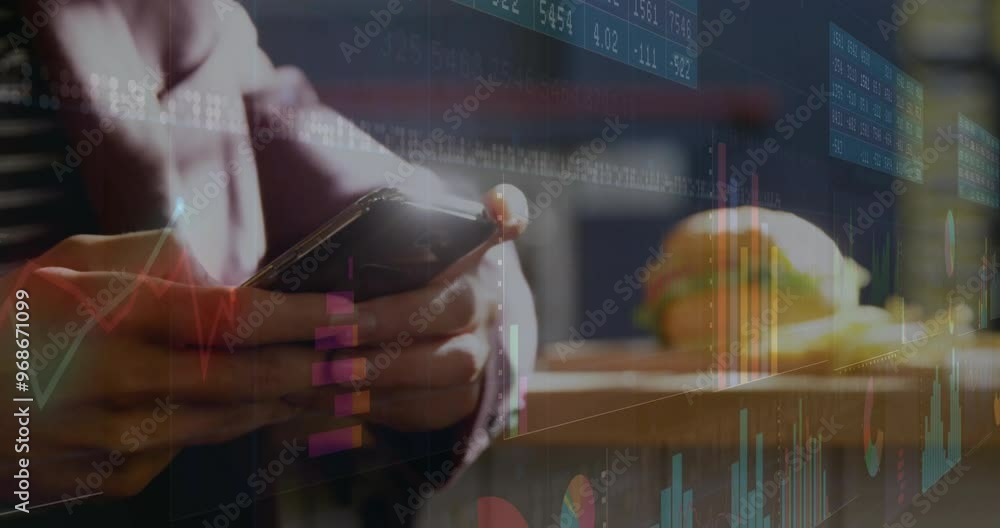 Poster animation of financial data processing over caucasian man using smartphone