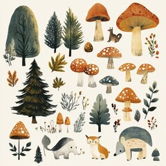 Watercolor Illustration of Forest Animals  Mushrooms  Trees and Plants