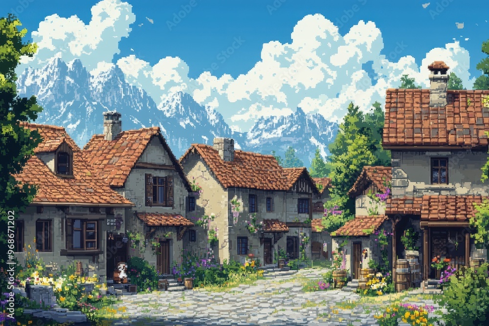 Poster retro pixelated village quest board in 16-bit rpg world with npcs offering missions for exploration 