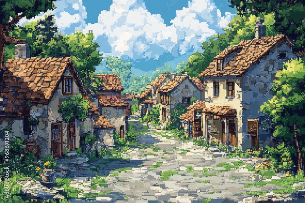 Poster questing in pixelated village - 16-bit rpg adventures with npcs and missions board