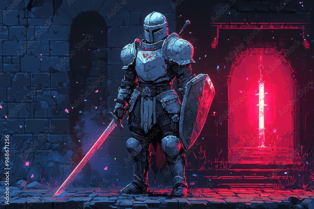 Poster brave 16-bit warrior - pixel character in armor with shield, rpg stats display on screen