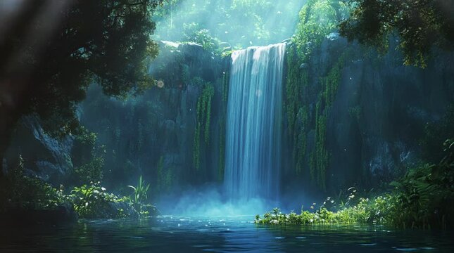 Spectacular tall waterfall cascading through a stunning fantasy landscape, surrounded by lush vegetation and ethereal scenery
 Seamless looping 4k time-lapse virtual video animation Generated AI
