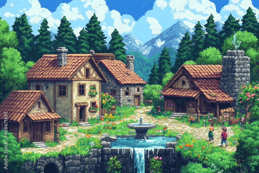 Poster pixelated retro rpg village scene with npcs, fountain, and simple architecture in 16-bit style
