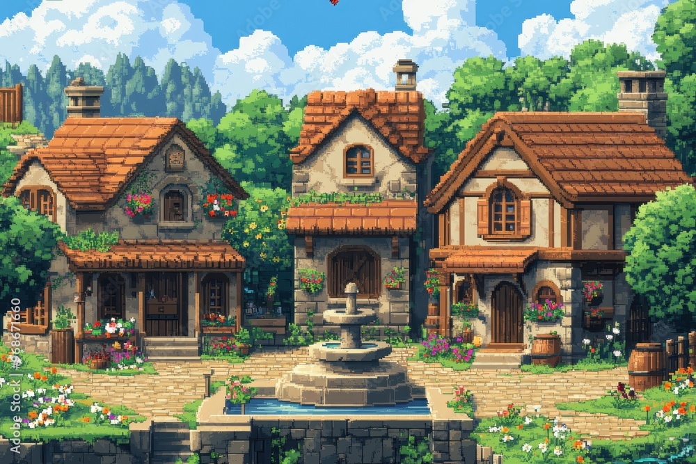 Poster nostalgic 16-bit pixel art rpg village scene with npcs, fountain, and simple architecture