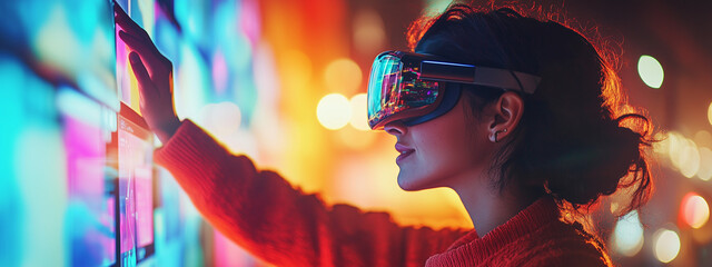 Young woman with VR headset interacts with vibrant touch screen in a colorful, futuristic cityscape at night, showcasing innovative technology and immersive experience.