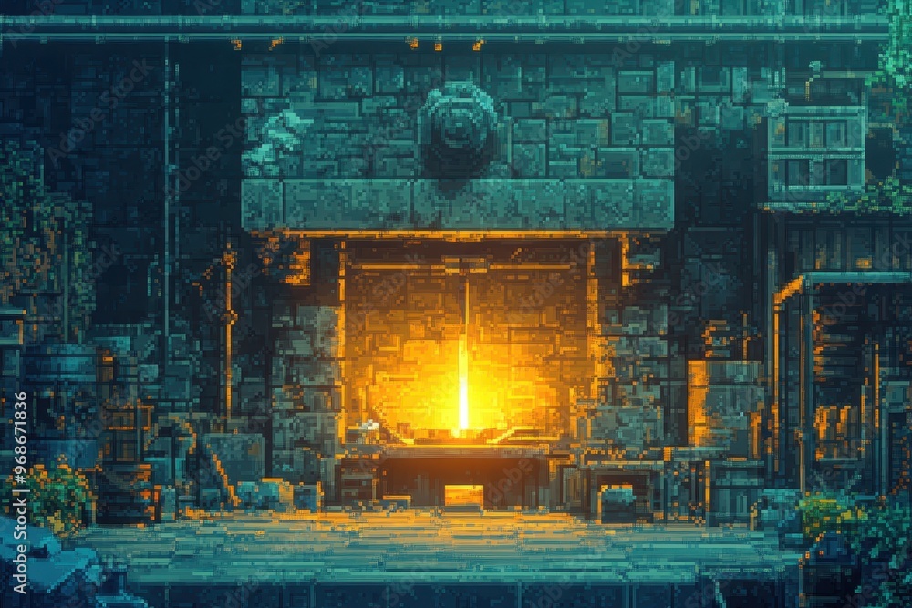Poster retro pixel blacksmith crafting a sword in 16-bit rpg scene