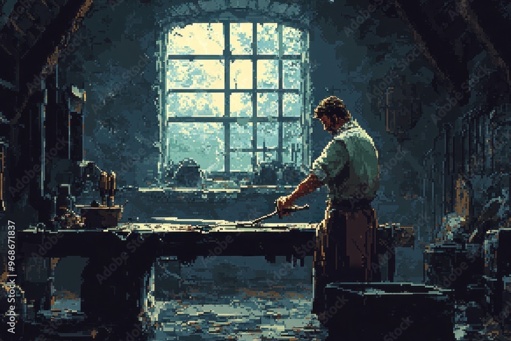 Poster retro pixel blacksmith crafting sword in 16-bit rpg scene
