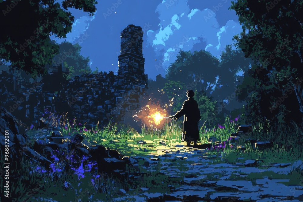 Poster pixel art magic user casting healing spell in retro rpg combat scene