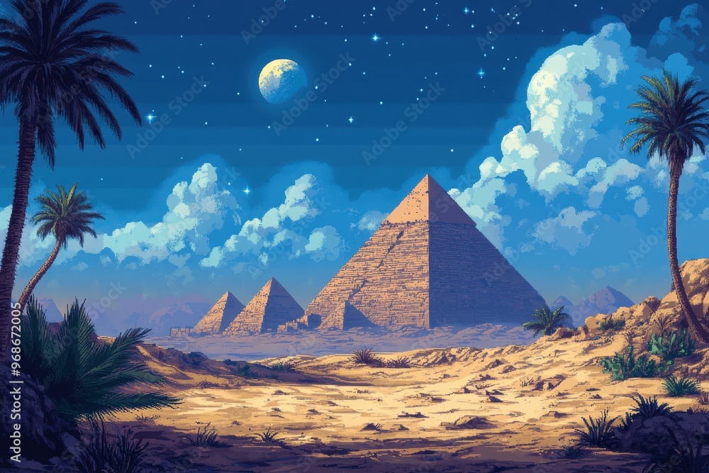 Poster retro pixel desert adventure: journey through pyramids and ancient ruins in 8-bit rpg exploration se
