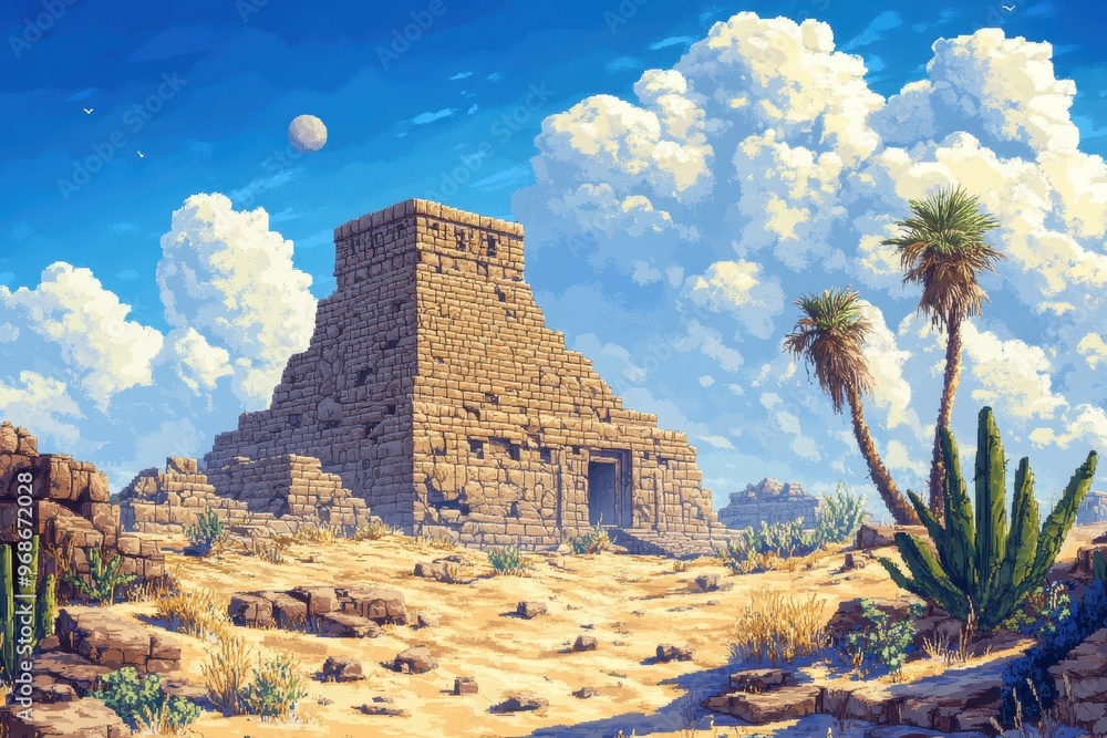 Poster digital expedition: pixel art desert with pyramids and ancient ruins in 8-bit rpg exploration settin