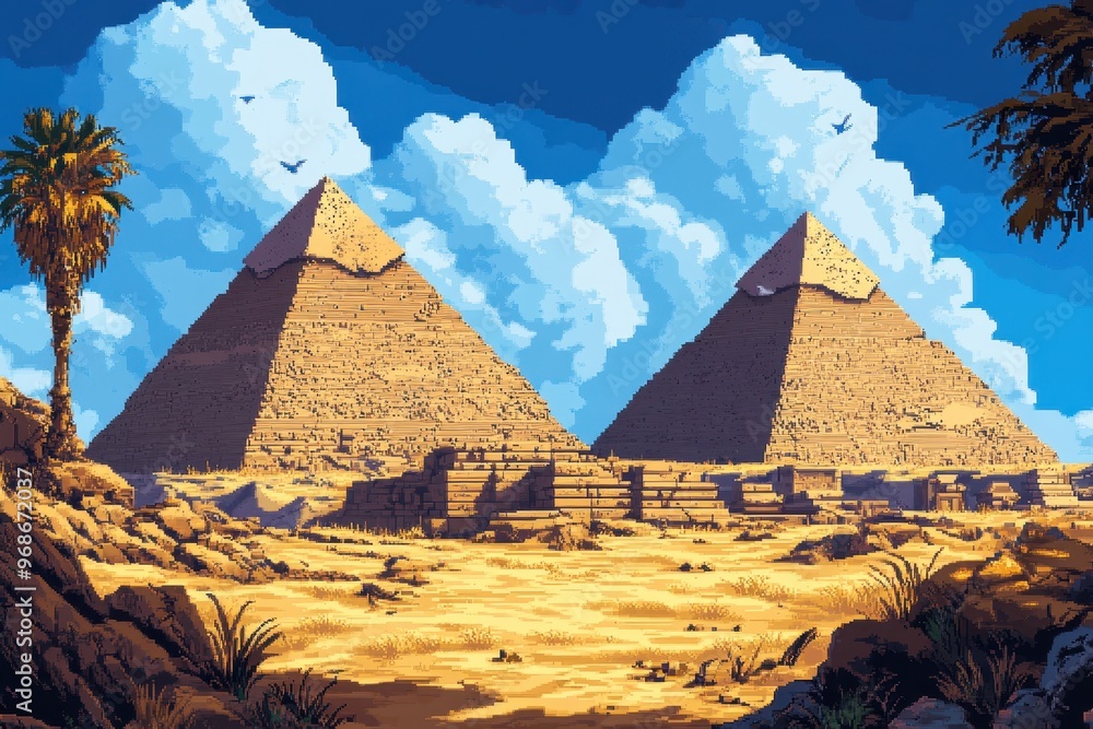 Poster digital desolation - pixel art desert landscape with pyramids and ancient ruins in 8-bit rpg explora