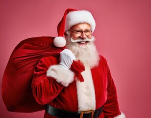 Santa Claus in a traditional red suit carrying a sack of presents against a pink background
