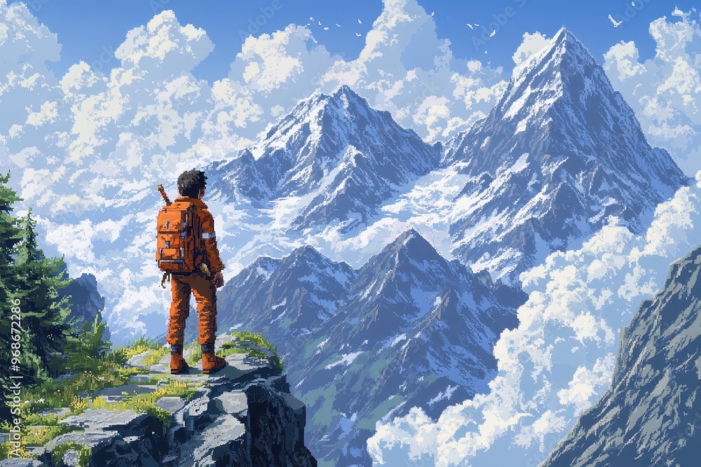 Poster retro pixel character climbing a mountain in an 8-bit rpg adventure - exploration in a colorful pixe