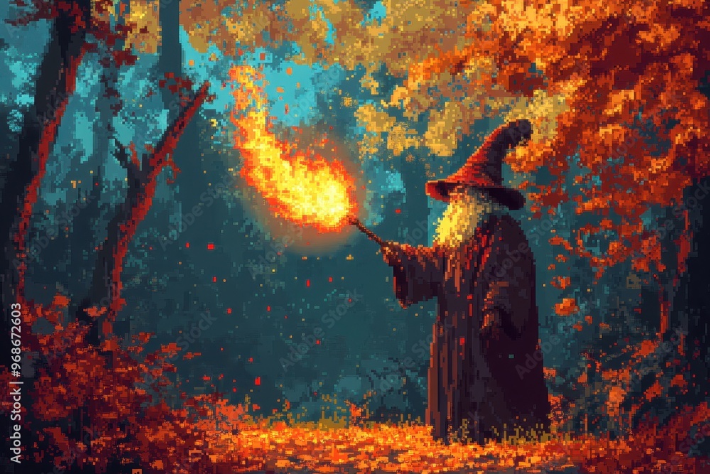 Poster pixel wizard casting fire spell in enchanted forest - 16-bit rpg magic system in action