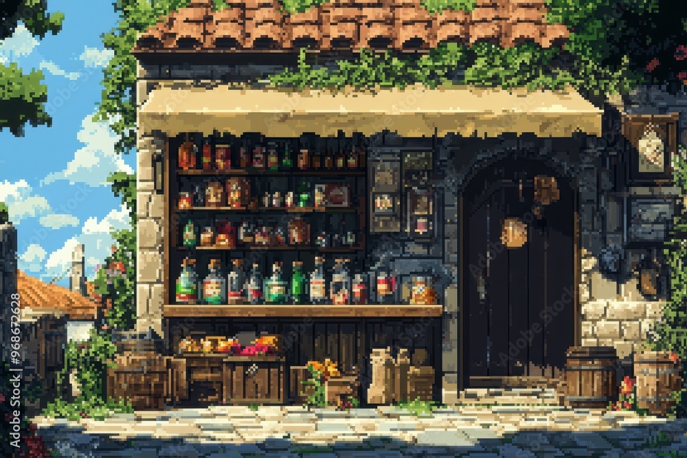 Poster pixelated merchant in retro rpg shop selling potions and weapons - nostalgic 8-bit scene of rpg game