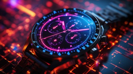 Close-up of a sleek smartwatch featuring dark titanium material with colorful neon lights, showcasing intricate details and a modern aesthetic in a minimalistic style