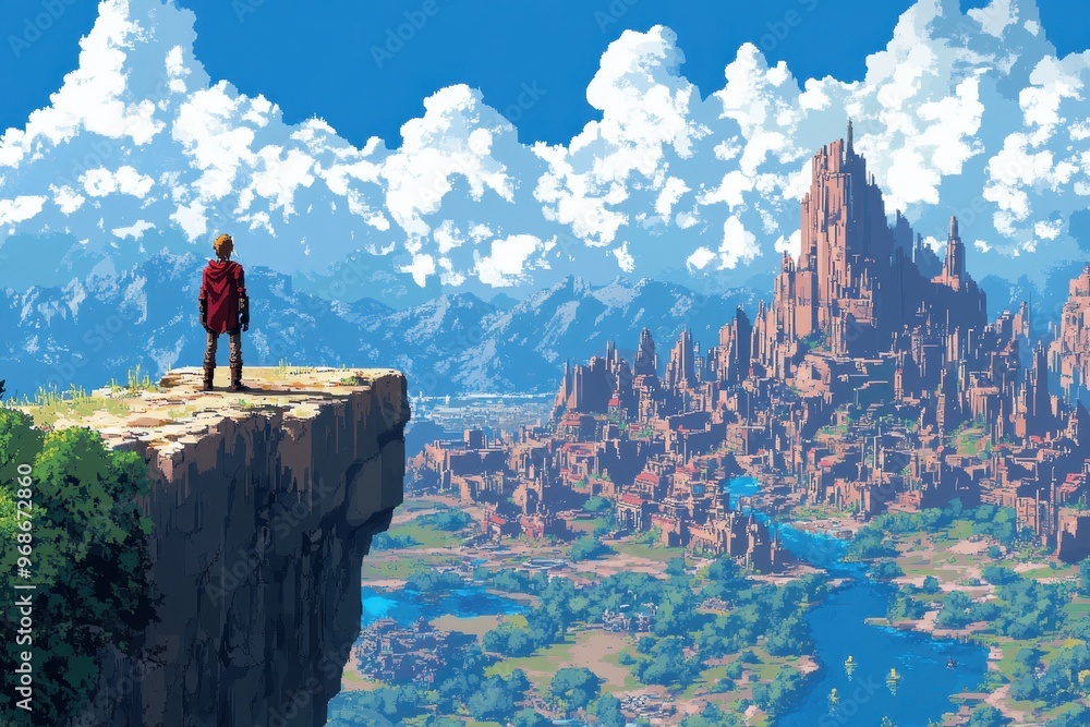 Poster retro 8-bit pixel hero adventurer overlooking rpg kingdom on cliff edge - nostalgic video game scene