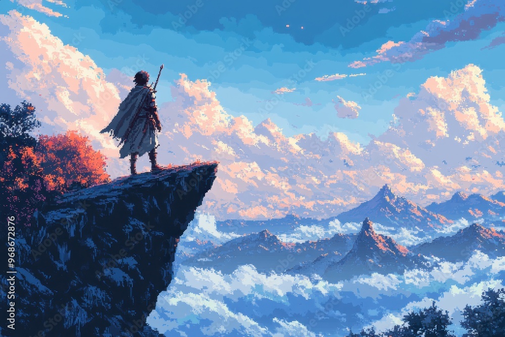 Poster pixelated hero's retro adventure: overlooking rpg kingdom from cliff edge - 8-bit retro gaming conce