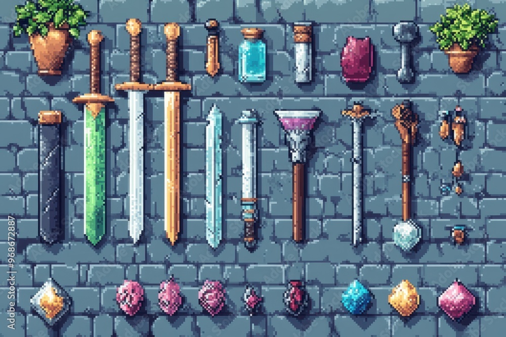 Poster retro rpg 16-bit pixel character inventory screen with potions and swords for item management