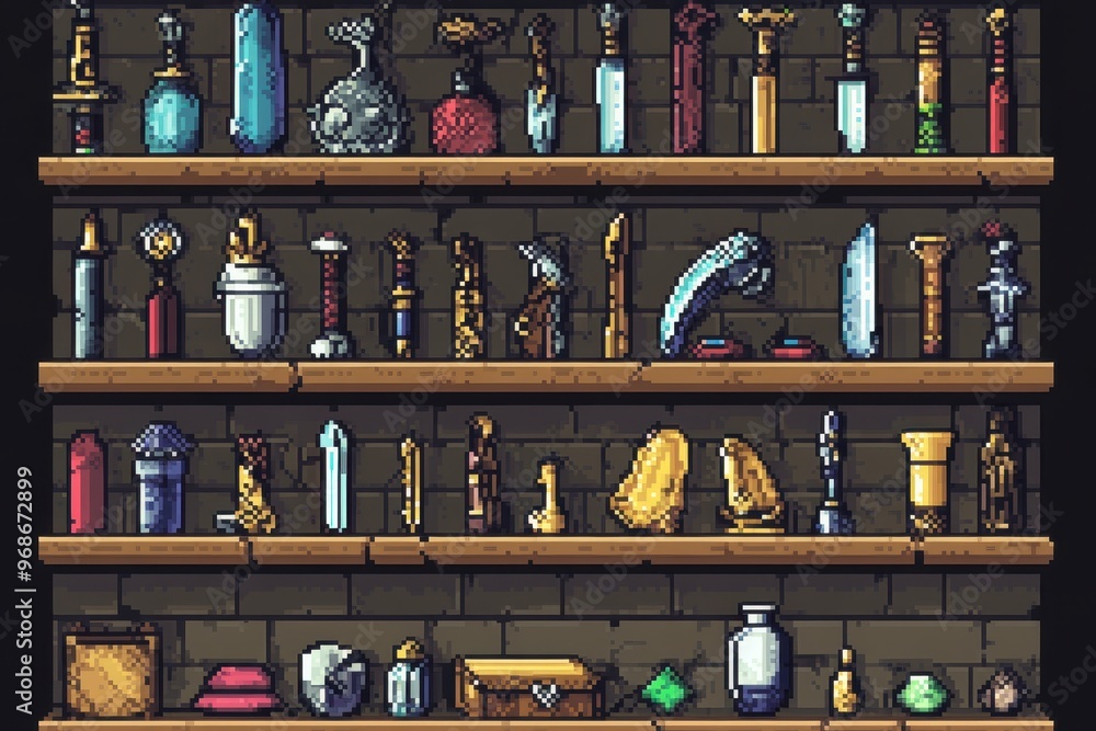 Aufkleber retro rpg inventory screen with potions and swords in 16-bit pixel art style