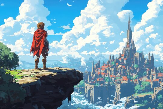 Retro 8-Bit Pixel Hero Surveying Pixelated RPG Kingdom from Cliff - Vintage Video Game Adventure Concept
