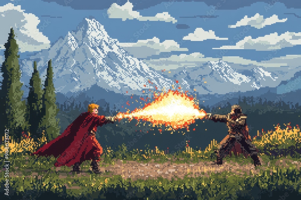 Poster pixelated healer unleashing 16-bit magic in rpg battle with retro pixel effects