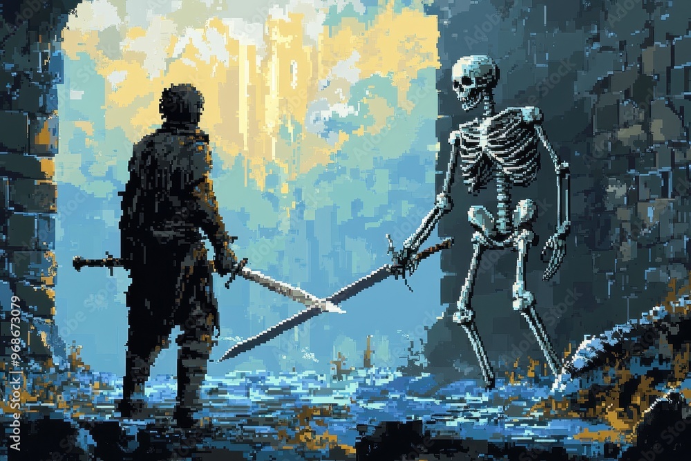 Poster retro 8-bit hero triumphing over pixel skeleton warrior in dungeon - rpg combat sequence