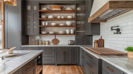 A kitchen with a mix of open shelves and closed cabinets, featuring a stylish blend of textures and colors