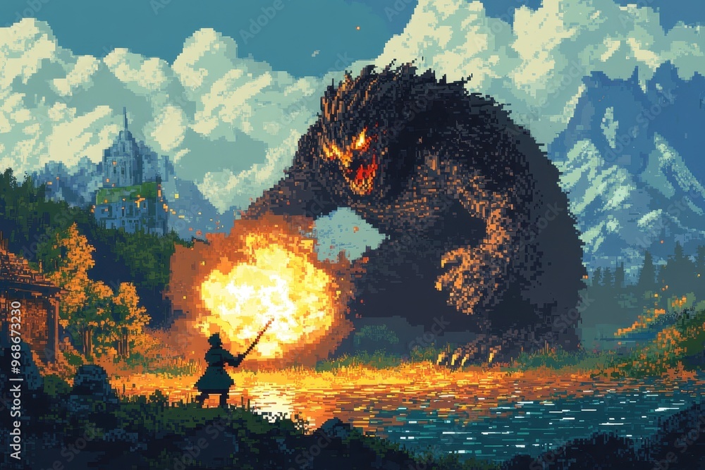 Poster pixelated mage battling monsters with fireball - retro rpg action scene in 8-bit style