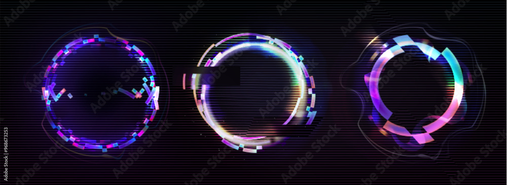 Aufkleber neon glitch effect circle. digital ring frame with cyber light. futuristic broken pixel and noise gr