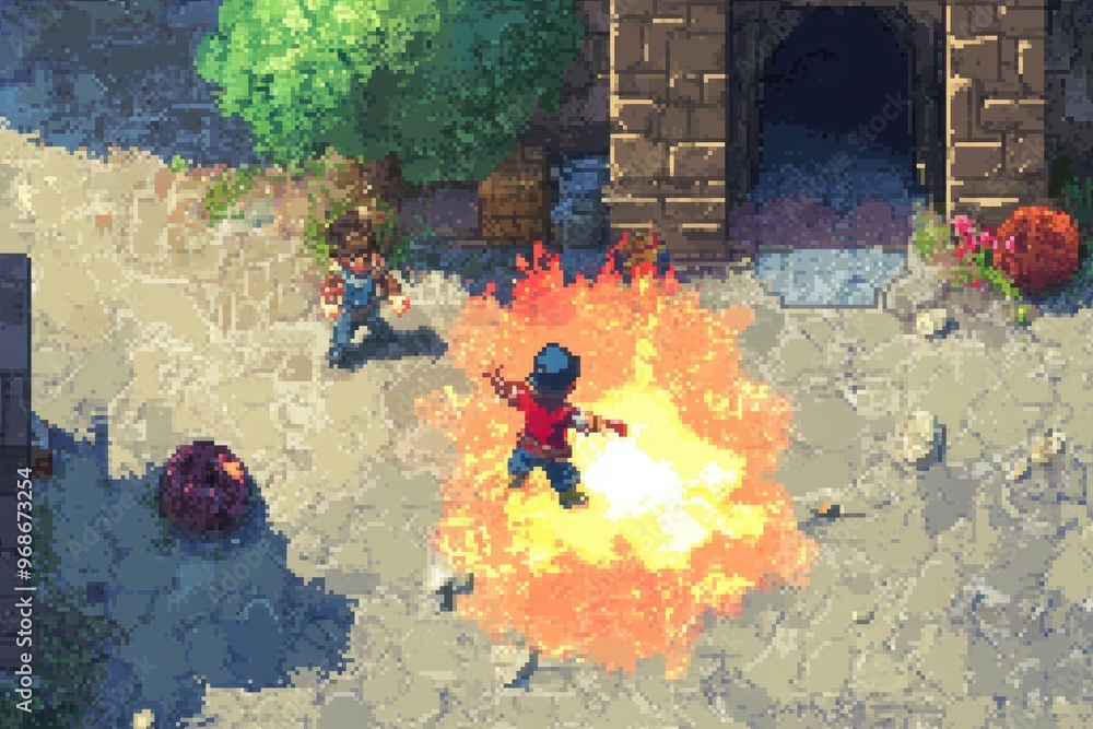 Poster pixelated 8-bit mage unleashing fireball in retro rpg battle with monsters - nostalgic video game co