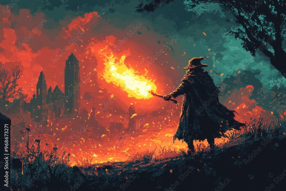 Poster retro 8-bit mage wielding fireball in pixelated rpg battle against monsters with classic video game 