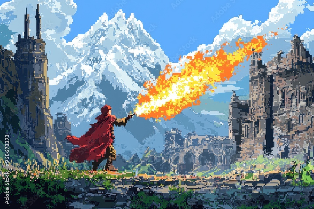 Poster pixelated mage's retro rpg battle - casting fireball in 8-bit action