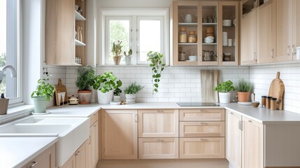 A Scandinavian kitchen with light wood cabinets, white countertops, and greenery in pots on the windowsill