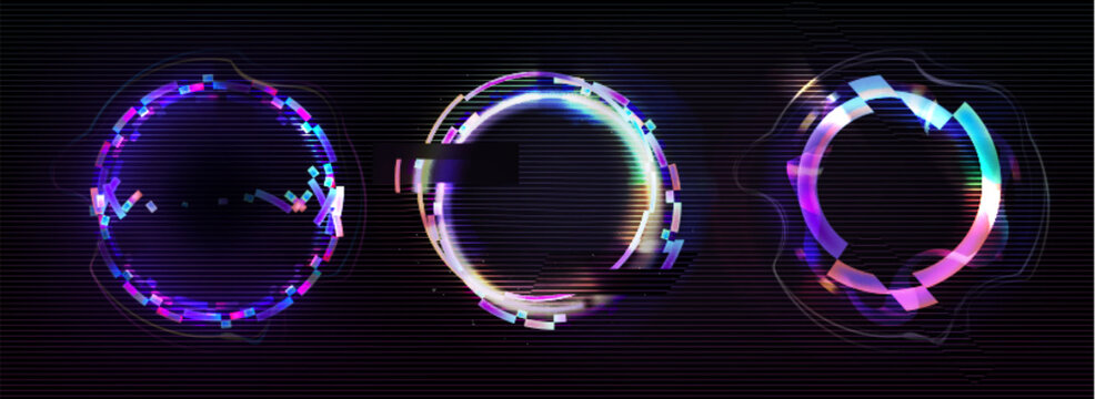 Neon glitch effect circle. Digital ring frame with cyber light. Futuristic broken pixel and noise graphic border. Minimal dynamic holographic distortion avatar illustration. Color bug illusion