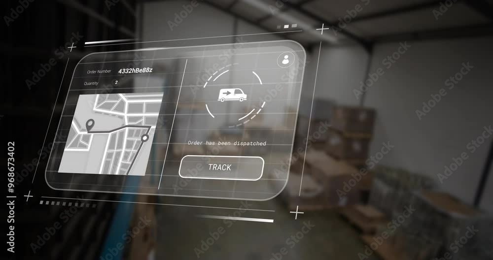 Poster animation of data processing on screen over warehouse