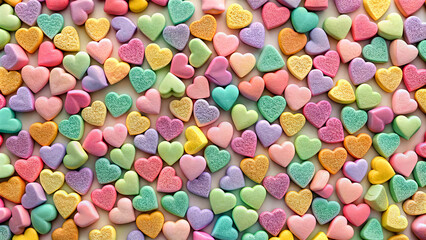 A vibrant assortment of heart-shaped candies in pastel colors covers a surface, creating a joyful display ideal for romantic occasions and festive celebrations
