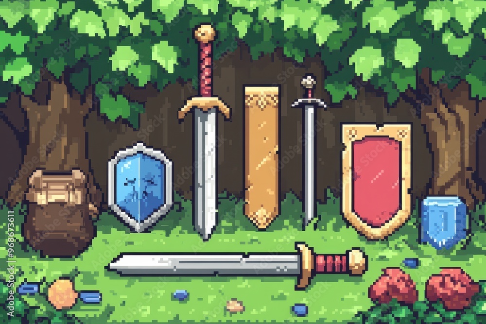 Poster nostalgic pixel inventory interface with 8-bit rpg elements