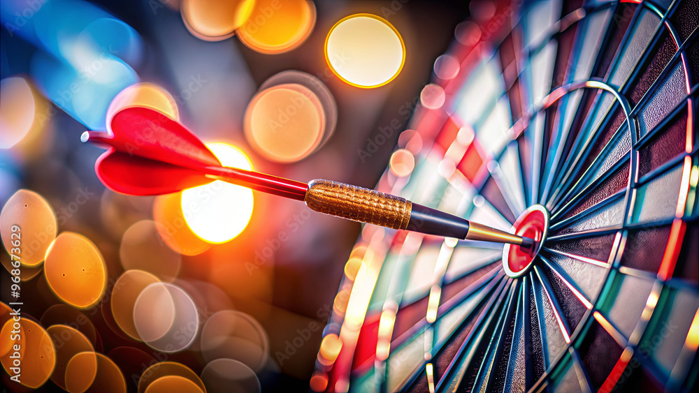 Poster a dart strikes the bullseye of a dartboard, demonstrating accuracy and skill while a vibrant, blurre