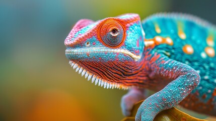 Fototapeta premium Colorful Chameleon Close Up Portrait with Vibrant Skin and Sharp Teeth