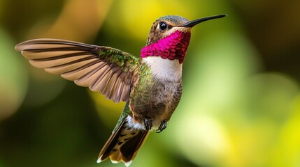 Obraz premium Hummingbird in Flight Colorful Bird with Spread Wings Green and Pink Feathers