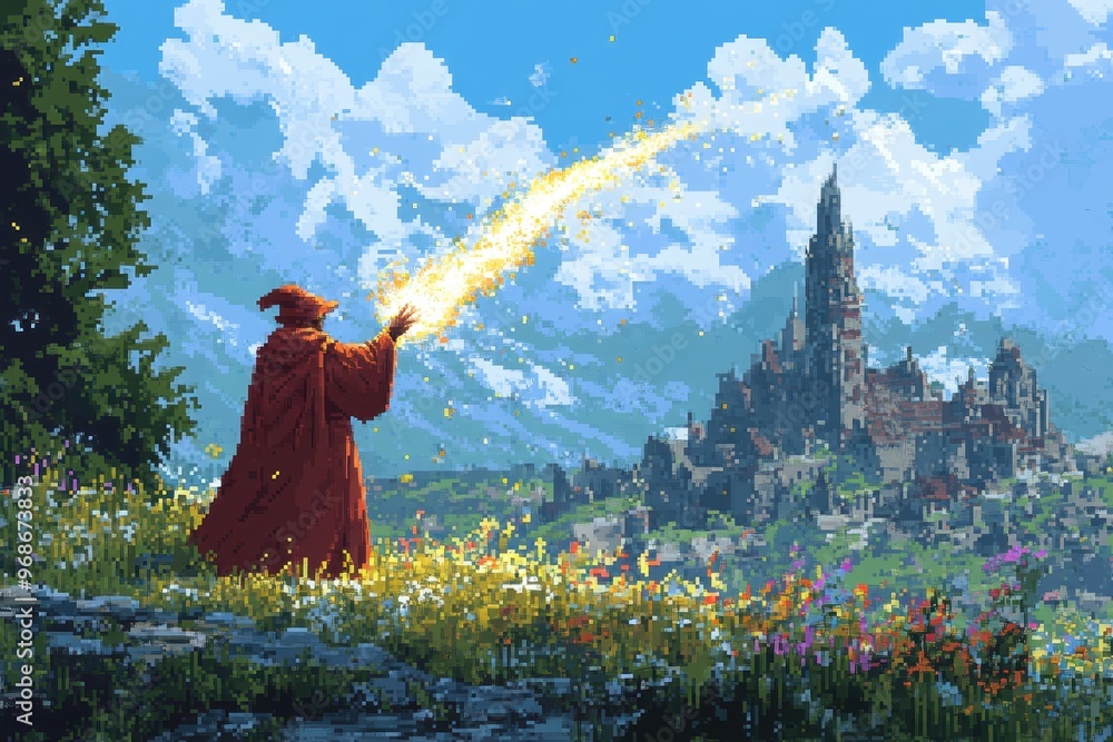 Poster retro pixel mage conjuring lightning spell in rpg battle with magical effects