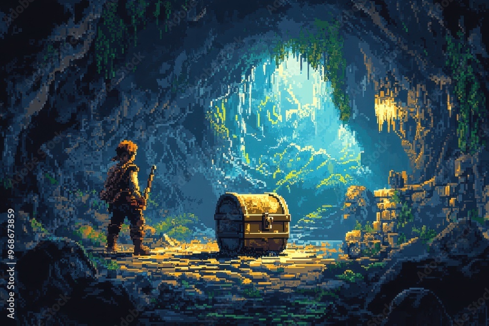 Poster retro 8-bit pixel hero finding rpg treasure chest in cave - loot discovery scene for gaming concept 