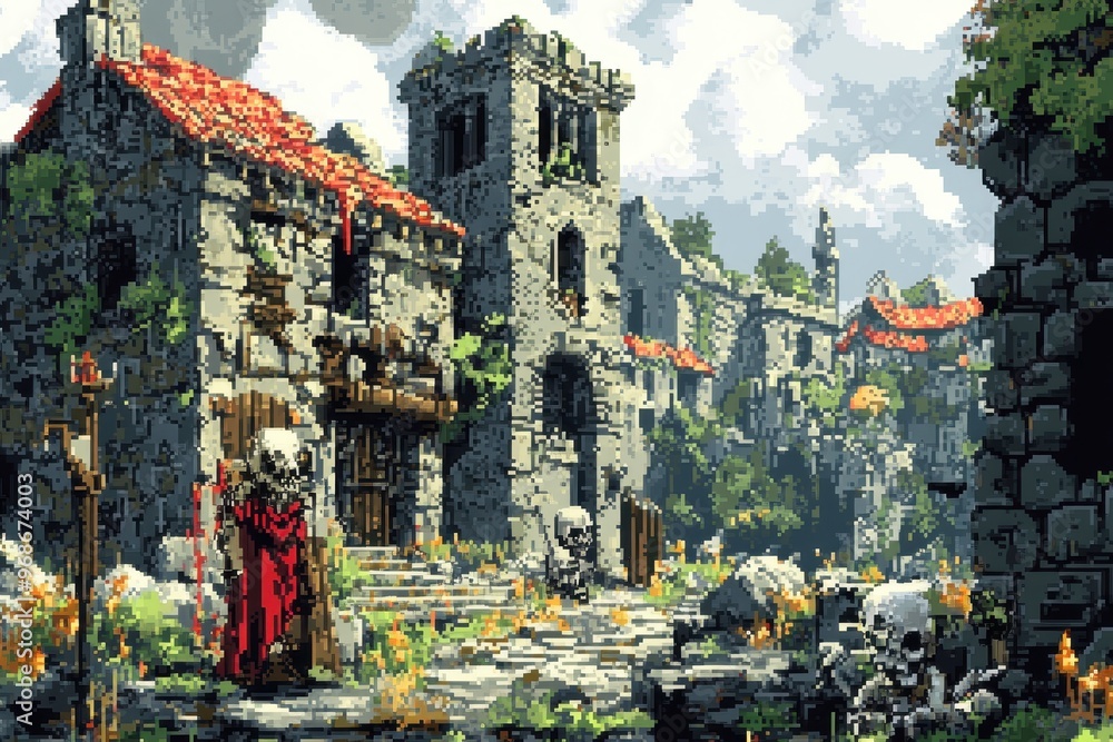 Poster retro pixel dungeon adventure: 16-bit hero vs. skeletons in rpg action exploration