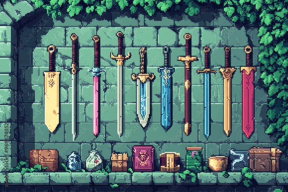 Poster retro rpg inventory screen with swords, shields, and potions in pixel art style - 8-bit game managem