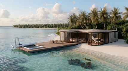 Fototapeta premium A modern island getaway with transparent water sports equipment and bioluminescent underwater tours promoting exotic travel