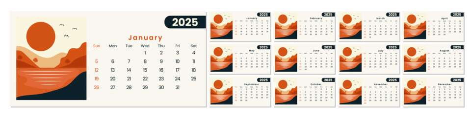 Calendar 2025 starts from Sunday. Minimalist, Clean, Simple and Modern Design. 12 pages Calendar